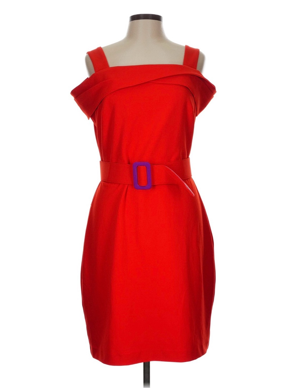 🎮Belle Badgley Mischka Red Off-Shoulder Belted Sheath Dress size 4 GUC